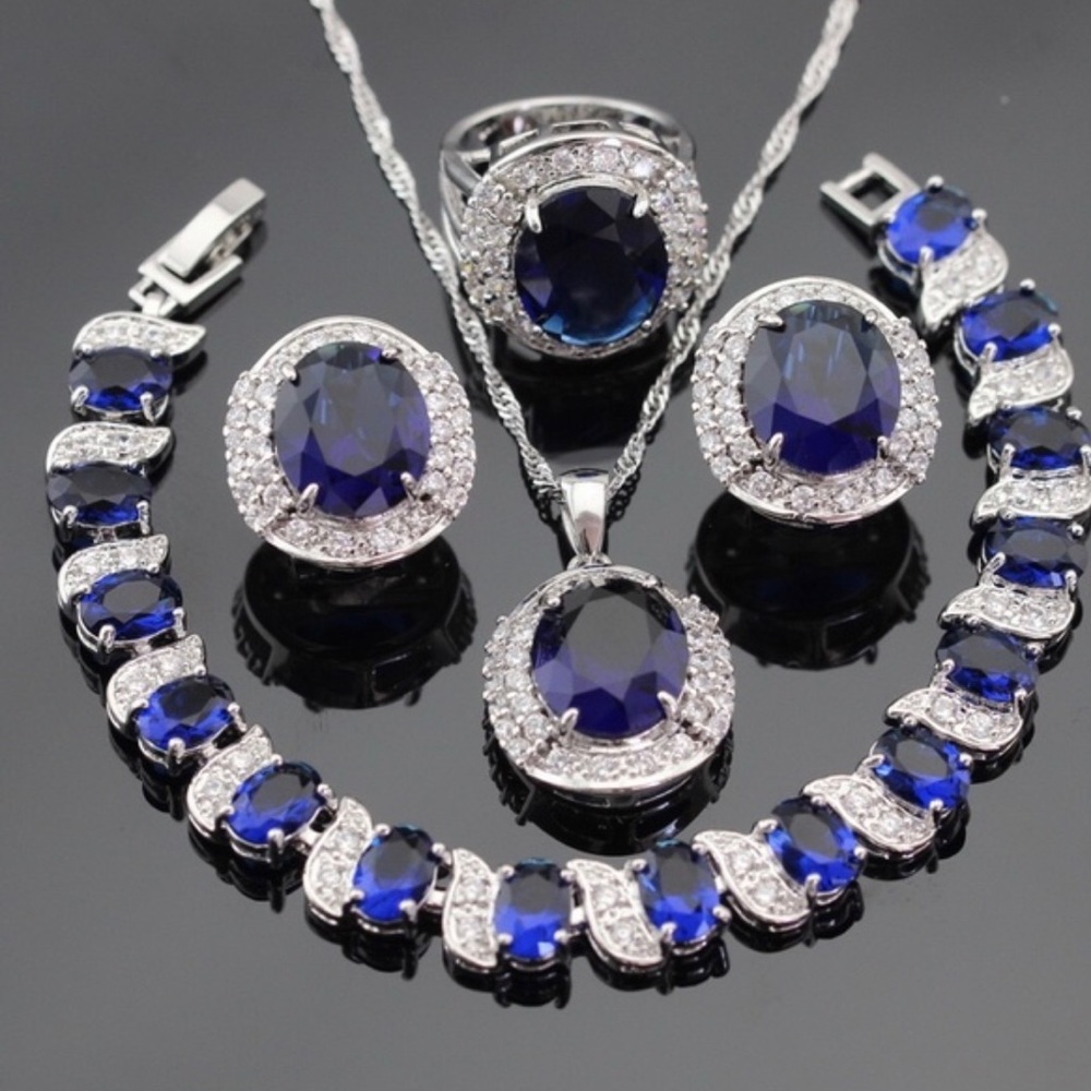 925 Silver Jewelry Sets Blue Sapphire White Topaz